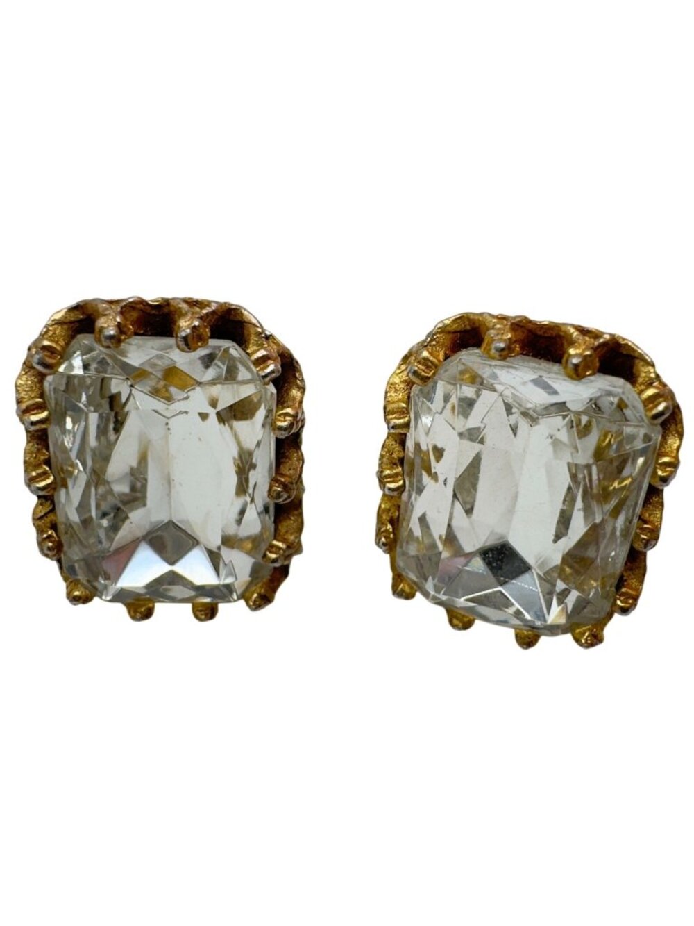 Vtg Antiqued Gold-Plated Clip-On Earrings Emerald-Cut Crystal Rope Edging 1980s